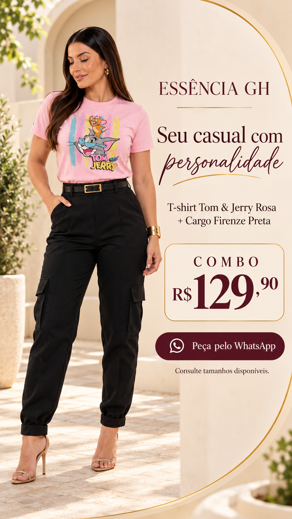 Look com t-shirt Tom & Jerry rosa e calça Cargo Firenze preta